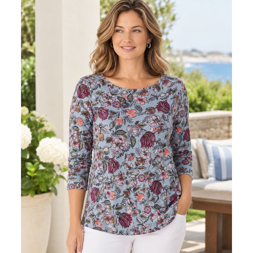 J.Jill Women Small Blue Floral 3/4 Sleeve Cotton Modal Top Boho Casual Tunic #18
